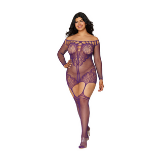Fisknät Strumpbandsklänning Plus Size Spets - Aubergine