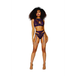 Spets & Mesh Set Dam, 3-Delad - Aubergine