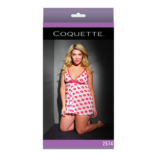 Vit Babydoll & Tanga Set, Plusstorlek, Läpptryck