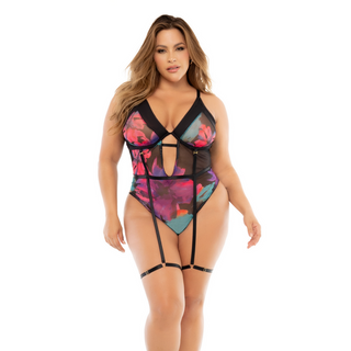 Blommig Bodysuit med Bygel, Justerbara Band & Strumpeband