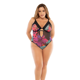 Blommig Bodysuit med Bygel, Justerbara Band & Strumpeband