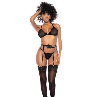 Tredelad Set - Transparent Mesh, Applikation, Svart - L/XL: Tredelat Set Svart Mesh Applikation L/XL