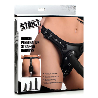 Svart Strapon-Sele med 3 Dildos för Dubbel Penetration