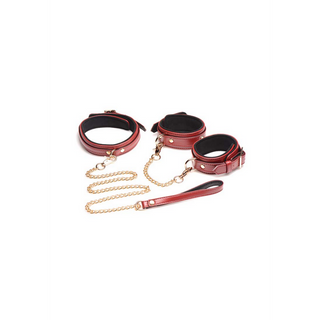 Vinrött Bondageset: Bojor, Halsband & Koppel i Läderlook