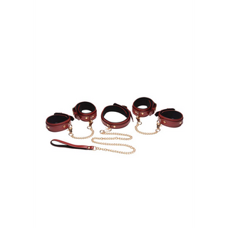 Vinrött Bondageset: Bojor, Halsband & Koppel i Läderlook