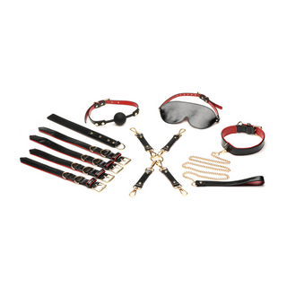 Bondage Set Veganläder: Handfängsel, Gag, Piska - Svart/Röd