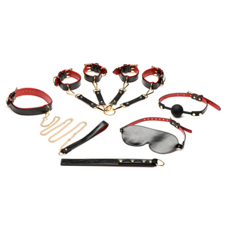 Bondage Set Veganläder: Handfängsel, Gag, Piska - Svart/Röd
