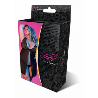 Svart Spets Babydoll Öppen Rygg & Stringtrosa - 2X