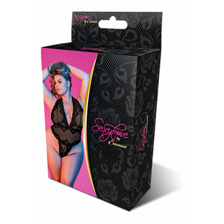 Svart Halterneck Teddy med V-ringning & G-string, 2X