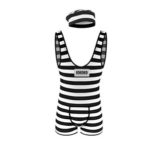 Fångdräkt Svart/Vit - Singlet med Hål & Hatt, Storlek S/M