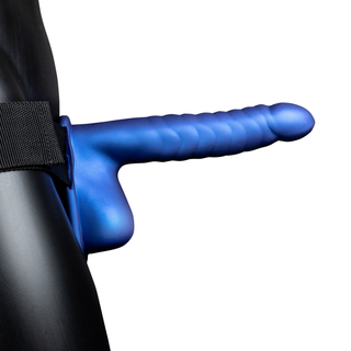 Ribbad Hollow Strap-On med Kulor - Metallisk Blå