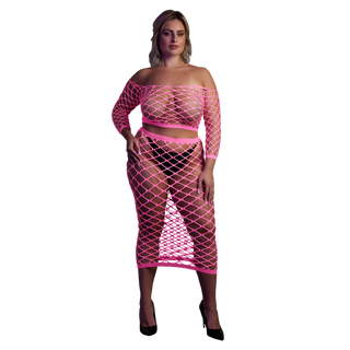 Neonrosa Crop Top & Kjol Plus Size UV-aktiv