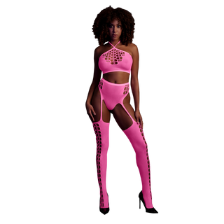 Neon Rosa Underklädesset Crop Top & Stay-ups, Stretch