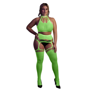 Neon Crop Top & Strumpor Set - Plus Size Neon Grön