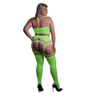 Neon Crop Top & Strumpor Set - Plus Size Neon Grön