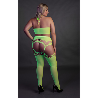 Neon Crop Top & Strumpor Set - Plus Size Neon Grön