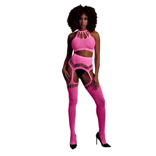 Neon Rosa Set: Crop Top & Höfthållarstrumpor, Stretch