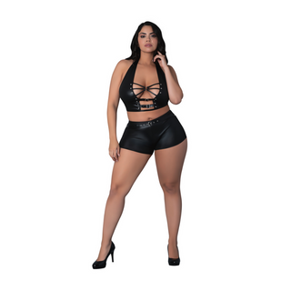 Thalia - Halter Top and Shorts with Rings and Studs - 2X - Black