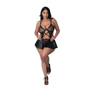 Anastasia - Cami Open Scrotch Skirt Panty and Bra with Rings and Studs - 2X - Black