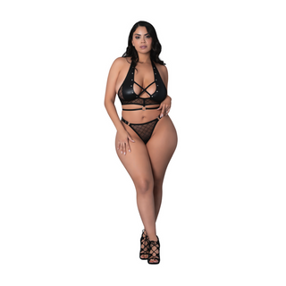 Svart Nät Halter Top & Stringtrosa med Ringar - 2X