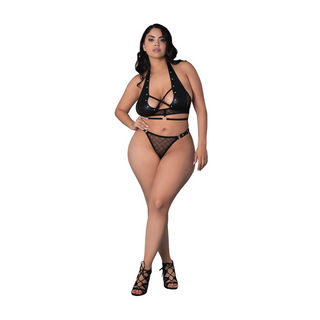 Svart Nät Halter Top & Stringtrosa med Ringar - 2X