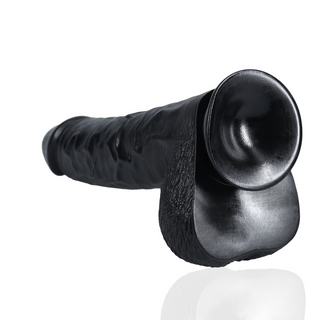 Svart Dildo med Pung, Sugpropp & Realistiska Detaljer, 33 cm